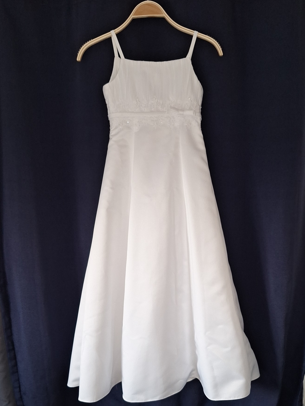 David's Bridal White Spaghetti-Strap Flower Girl Dress with Lace Trim